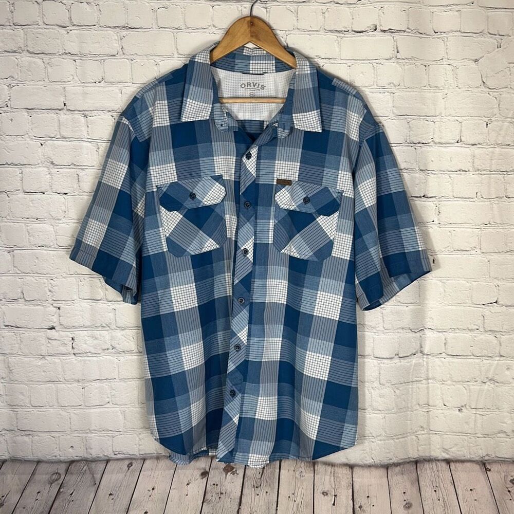 Orvis Blue Plaid Button Down Men’s Short Sleeve Shirt size XXL Polyester‎